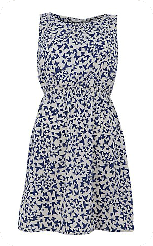Blue and White Bird Print Shirred Sleeveless Dress